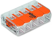 WAGO Verbindungsklemme COMPACT 5-fach, 25 Stück - Verwendung Klemmen: Drähte + Litzen - E-Nr.: 157812514 - Typ: Klemme - Klemmstellen: 5 × - Detailfarbe: Orange - Transparent - Eigenschaften Hausinstallation: Flammwidrig - Selbstlöschend