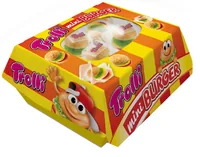 Trolli Gummibonbons Mini Burger Box 150 g - Produkttyp: Gummibonbons - Nährwertangabe pro: 100 g - Energiegehalt (in kj): 1439 KJ - Energiegehalt (in kcal): 339 Kcal - Fett: 0.1 g - Gesättigte Fettsäuren: 0.1 g