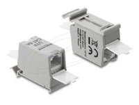 RJ45 Kupplung Cat.6A Buchse zu Buchse mit Staubschutzklappe für Hutschienen Montage ungeschirmt grau / weiß