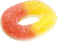 Trolli Gummibonbons Pfirsichringe 200 g - Produkttyp: Gummibonbons - Nährwertangabe pro: 100 g - Energiegehalt (in kj): 1429 KJ - Energiegehalt (in kcal): 336 Kcal - Fett: 0 g - Gesättigte Fettsäuren: 0 g