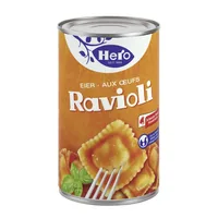 Hero Dose Eier Ravioli 1.180 kg - Produkttyp: Pastagerichte - Nährwertangabe pro: 100 g - Energiegehalt (in kj): 361 KJ - Energiegehalt (in kcal): 86 Kcal - Fett: 2.4 g - Gesättigte Fettsäuren: 0.7 g