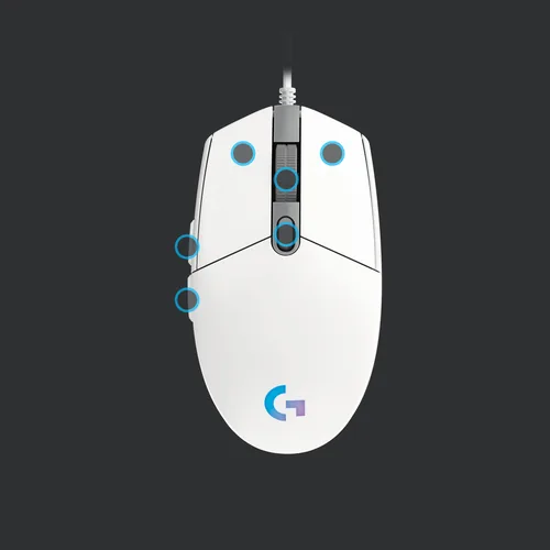Logitech Gaming-Maus G203 Lightsync Weiss - Maus Features: RGB-Beleuchtung - Seitliche Zusatztasten - Beleuchtung - Programmierbare Tasten - Scrollrad - Bedienungsseite: Rechtshänder - Detailfarbe: Weiss - Gewicht: 85 g - Verbindungsart: Verkabelt - Schni