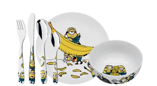 WMF Kindergeschirrset Minions 6-teilig - Art: Kindergeschirrset - Materialtyp: Metall - Material: Cromargan - Nachhaltigkeit: Nicht angegeben - Detailfarbe: Gelb - Weiss - Spülmaschinenfest: Ja