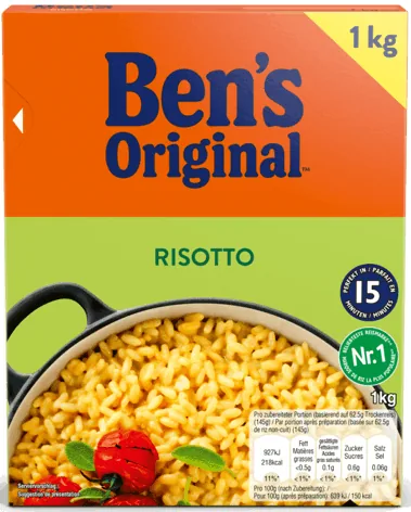 Ben's Original Risotto   2 kg - Produkttyp: Risotto - Nährwertangabe pro: 100 g - Energiegehalt (in kj): 639 KJ - Energiegehalt (in kcal): 150 Kcal - Fett: 0.2 g - Gesättigte Fettsäuren: 0.1 g