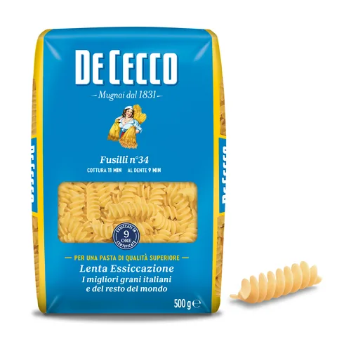 De Cecco Teigwaren Fusilli Nr. 34 500 g - Produkttyp: Fusilli - Nährwertangabe pro: 100 g - Energiegehalt (in kj): 1493 KJ - Energiegehalt (in kcal): 352 Kcal - Fett: 1.5 g - Gesättigte Fettsäuren: 0.3 g