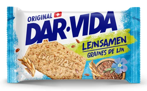 DAR-VIDA Snack Leinsamen 208 g - Produkttyp: Dar-Vida - Nährwertangabe pro: 100 g - Energiegehalt (in kj): 2060 KJ - Energiegehalt (in kcal): 413 Kcal - Fett: 13 g - Davon gesättigte Fettsäuren: 1.2 g