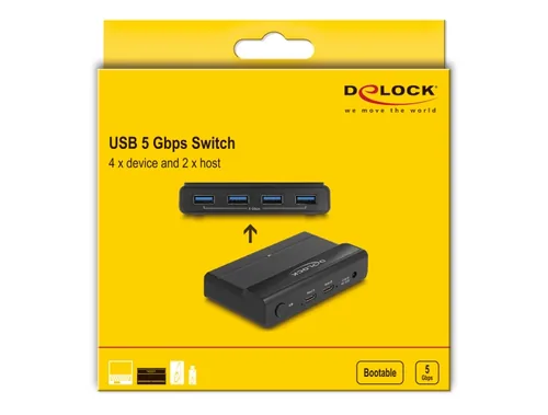 Delock USB-Switch 4x Gerät und 2x Host 5 Gbps - Anzahl Eingänge: 2 × - Steckertyp Seite A: USB-C Buchse - Anzahl Ausgänge: 4 × - Steckertyp Seite B: USB-A Buchse - Material: Kunststoff - Bedienungsart: Tasten