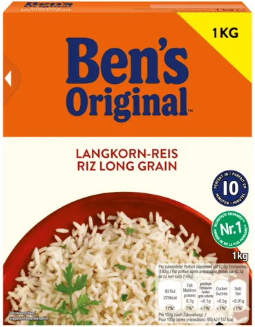 Ben's Original Reis Langkorn 2 kg - Produkttyp: Langkorn - Nährwertangabe pro: 100 g - Energiegehalt (in kj): 666 KJ - Energiegehalt (in kcal): 157 Kcal - Fett: 0.5 g - Gesättigte Fettsäuren: 0 g