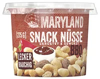 Maryland Snack Nüsse BBQ 275 g - Produkttyp: Mischungen - Nährwertangabe pro: 100 g - Energiegehalt (in kj): 2495 KJ - Energiegehalt (in kcal): 602 Kcal - Fett: 48 g - Gesättigte Fettsäuren: 6.8 g