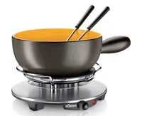 Koenig Käsefondue-Set B02179 8 Teile, Anthrazit/Goldgelb - Anzahl Personen: 6 - Materialtyp: Keramik - Material: Steingut - Betriebsart: Netzbetrieb - Kompatible Kochfelder: Elektro - Gas - Glaskeramik - Detailfarbe: Anthrazit - Goldgelb