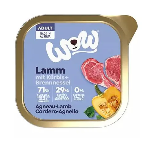 WOW Nassfutter Adult Lamm Schale 150g - Tierbedürfnis: Kein besonderes Bedürfnis - Geschmacksrichtung: Lamm - Zertifikate: Keine Zertifizierung - Fleischsorte: Lamm - Packungsgrösse: 150 g - Futtereigenschaft: Getreidefrei - Ohne künstliche Zusätze - Glut