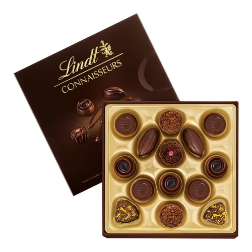 Lindt Schokoladen-Pralinen Connaisseurs Collection Noire 140 g - Produkttyp: Assortiert - Nährwertangabe pro: 100 g - Energiegehalt (in kj): 2314 KJ - Energiegehalt (in kcal): 555 Kcal - Fett: 35 g - Davon gesättigte Fettsäuren: 21 g