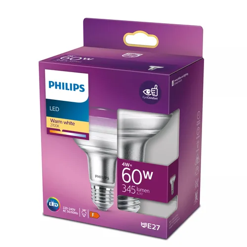 Philips Lampe LEDcla 60W E27 R80 WW ND 36D Warmweiss (WW) - Energieeffizienzklasse: F - Lampensockel: E27 - Protokoll: Ohne - Smart Home: Nicht kompatibel - Farbtemperatur Kelvin: 2700 K - Gesamtleistung: 4 W