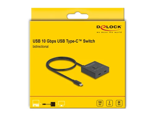 Delock Umschalter 8K USB-C Buchse - Anzahl Eingänge: 2 × - Anzahl Ausgänge: 1 × - Anschluss Seite B: USB-C Buchse - Anschluss Seite A: USB-C Stecker