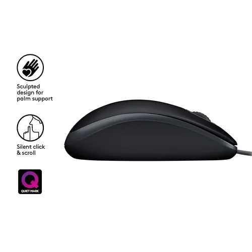 Logitech Maus B110 Silent - Maus-Typ: Standard - Maus Features: Silent-Tasten - Scrollrad - Bedienungsseite: Universal - Detailfarbe: Schwarz - Verbindungsart: Verkabelt - Schnittstelle: USB-A