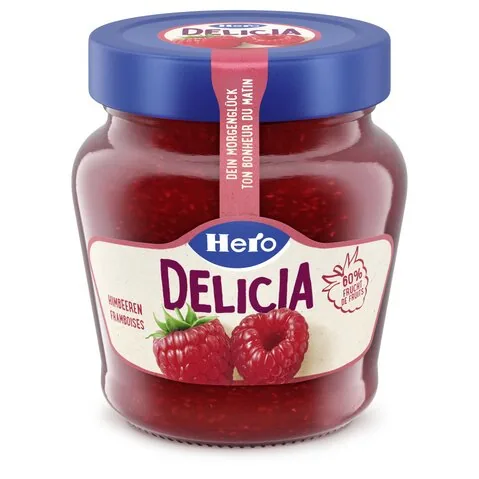 Hero Brotaufstrich Himbeerkonfitüre 290 g - Produkttyp: Konfitüre - Nährwertangabe pro: 100 g - Energiegehalt (in kj): 882 KJ - Energiegehalt (in kcal): 208 Kcal - Fett: 0.3 g - Gesättigte Fettsäuren: 0 g