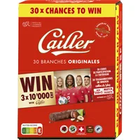 Cailler Riegel Branches 30 x 23 g - Produkttyp: Milch - Nährwertangabe pro: 100 g - Energiegehalt (in kj): 2319 KJ - Energiegehalt (in kcal): 556 Kcal - Fett: 34.9 g - Gesättigte Fettsäuren: 13.6 g