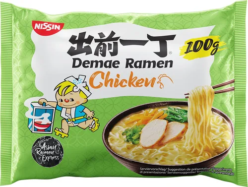 Nissin Food Demae Ramen Nudelsuppe Huhn 10 x 100 g - Produkttyp: Asiatische Nudelgerichte - Nährwertangabe pro: 100 g - Energiegehalt (in kj): 361 KJ - Energiegehalt (in kcal): 86 Kcal - Fett: 3.7 g - Davon gesättigte Fettsäuren: 1.8 g
