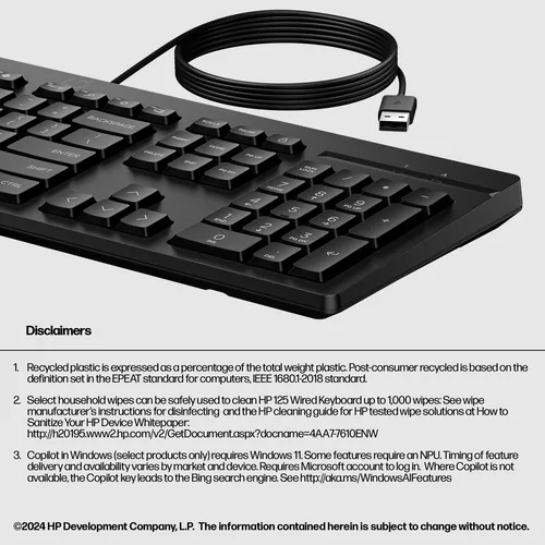 HP 125 G2 USB Wired Keyboard tastiera Ufficio Nero