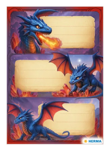Herma Stickers Schuletiketten Dragon 3 Blatt / 9 Sticker - Produkttyp Bucheinbandprodukte: Schuletiketten - Detailfarbe: Blau - Rot