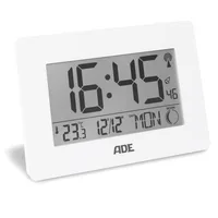 ADE Funkuhr XXL-Ziffern - Funktionen: Umschaltbar °C/°F - Alarm - Schlummertaste - Ausstattung: Zeit - Innentemperatur - Kalender - Datum - Displaytyp: LCD - Detailfarbe: Weiss - Funksignal: Ja - Betriebsart: Batteriebetrieb