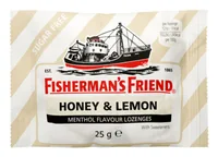 Fisherman's Bonbons Honey & Lemon ohne Zucker 24 x 25 g - Produkttyp: Lutschbonbons - Nährwertangabe pro: 100 g - Energiegehalt (in kj): 1057 KJ - Energiegehalt (in kcal): 253 Kcal - Fett: 1.4 g - Davon gesättigte Fettsäuren: 1.3 g