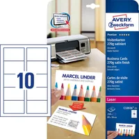 Avery Zweckform Visitenkarten-Etiketten 85 x 54 mm, 270 g/m² 250 Stück - Klebehaftung: Keine - Drucker Kompatibilität: Laser - Anzahl Blatt: 25 × - Papierformat: A4 - Anzahl Etiketten: 250 - Etikettengrösse: 85 x 54 mm