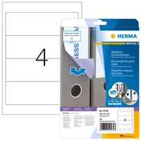 HERMA Ordneretiketten 10165 192 x 61 mm ablösbar, Weiss - Klebehaftung: Ablösbar - Drucker Kompatibilität: Inkjet - Laser - Anzahl Blatt: 25 × - Papierformat: A4 - Anzahl Etiketten: 100 - Etikettengrösse: 192 x 61 mm