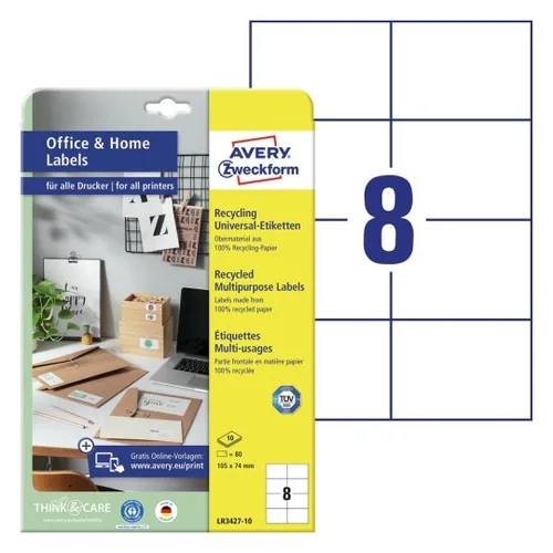 Avery Zweckform Universal-Etiketten LR3427 105 x 74 mm, 10 Blatt - Klebehaftung: Stark haftend - Drucker Kompatibilität: Laser - Inkjet - Anzahl Blatt: 10 × - Papierformat: A4 - Anzahl Etiketten: 80 - Etikettengrösse: 105 x 74 mm
