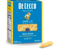 De Cecco Teigwaren Fusilli Nr. 34 3 kg - Produkttyp: Fusilli - Nährwertangabe pro: 100 g - Energiegehalt (in kj): 1490 KJ - Energiegehalt (in kcal): 351 Kcal - Fett: 1.5 g - Gesättigte Fettsäuren: 0.3 g