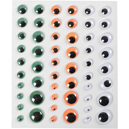 Creativ Company Wackelaugen  54 Stück,  6 + 8 + 10 + 12 + 15 mm - Selbstklebend: Nein - Verpackungseinheit: 54 Stück - Detailfarbe: Grün - Orange - Weiss - Produkttyp Kleinteile: Wackelaugen