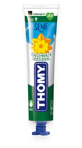 Thomy Senf Bio mild 200 g - Produkttyp: Senf - Nährwertangabe pro: 100 g - Energiegehalt (in kj): 424 KJ - Energiegehalt (in kcal): 102 Kcal - Fett: 5.6 g - Gesättigte Fettsäuren: 0.4 g
