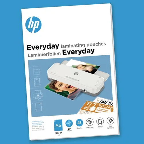 HP Laminierfolie Everyday A5, 80 µm, 25 Stück, Glänzend - Mediengewicht: 80 µm - Folien Anwendungsbereich: Kaltlamination - Heisslamination - Folien Effekt: Glänzend - Verpackungseinheit: 25 Stück - Papierformat: A5 - Zubehörtyp: Laminierfolie