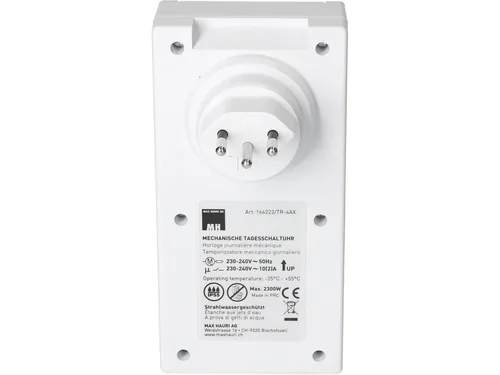 Max Hauri Zeitschaltuhr IP55 24 h Mechanisch - Montage: Zwischenstecker - Kürzeste Schaltzeit: 15 min - Anwendungsbereich: Outdoor - Indoor - Anzahl Schaltpunkte: 24 - Funktionsweise Zeitschaltuhr: Mechanisch - Funktionen: Dauerbetrieb Ein/Aus