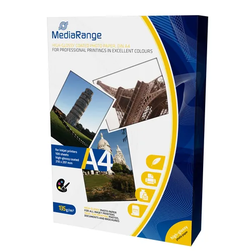 MediaRange Fotopapier A4 135 g/m² 100 Stück - Drucker Kompatibilität: Inkjet - Detailfarbe: Weiss - Medienformat: A4 - Mediengewicht: 135 g/m² - Eigenschaften: Keine Eigenschaft - Zertifikate: Keine Zertifizierung