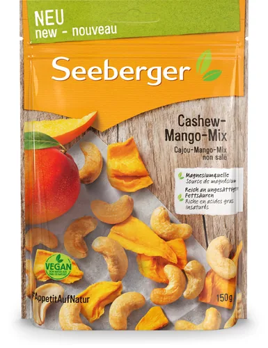Seeberger Cashew-Mango-Mix 150 g - Produkttyp: Exotische Früchte - Nährwertangabe pro: 100 g - Energiegehalt (in kj): 1970 KJ - Energiegehalt (in kcal): 471 Kcal - Fett: 25 g - Gesättigte Fettsäuren: 5 g
