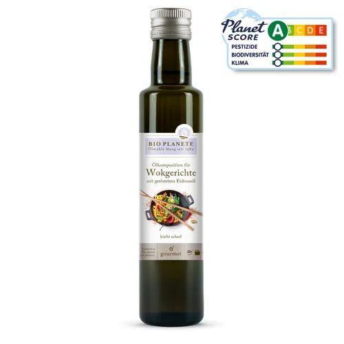 Bio Planete Woköl mit geröstetem Erdnussöl 250 ml - Produkttyp: Woköl - Nährwertangabe pro: 100 ml - Energiegehalt (in kj): 3404 KJ - Energiegehalt (in kcal): 828 Kcal - Fett: 92 g - Davon gesättigte Fettsäuren: 8.6 g