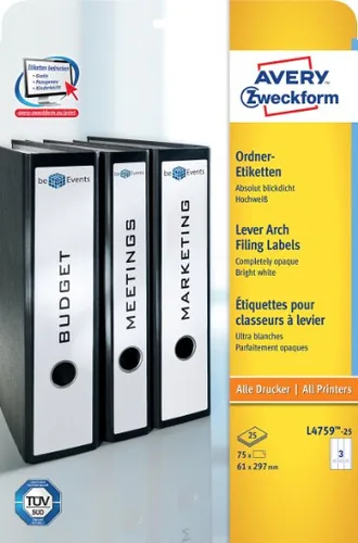 Avery Zweckform Ordneretiketten L4759 61 x 297 mm, 30 Blatt - Klebehaftung: Permanent - Drucker Kompatibilität: Laser - Inkjet - Anzahl Blatt: 30 × - Papierformat: A4 - Anzahl Etiketten: 90 - Etikettengrösse: 61 x 297 mm