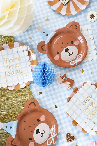 Partydeco Einwegteller Teddybär Kopf braun, 21 x 23 cm, 6 Stück - Produkttyp: Einwegteller - Materialtyp: Papier - Material: Pappe - Detailfarbe: Hellblau - Braun - Rosa - Beige - Verpackungseinheit: 6 Stück