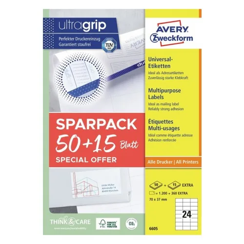 Avery Zweckform Universal-Etiketten 70 x 37 mm,1560 Etiketten / 65 Bogen - Klebehaftung: Selbstklebend - Drucker Kompatibilität: Inkjet - Laser - Anzahl Blatt: 65 × - Papierformat: A4 - Anzahl Etiketten: 1560 - Etikettengrösse: 70 x 37 mm