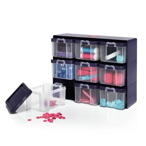 Prym Aufbewahrungstasche mit 9 Boxen Violett, Transparent - Verpackungseinheit: 1 Stück - Detailfarbe: Transparent - Violett - Produkttyp: Aufbewahrungstasche