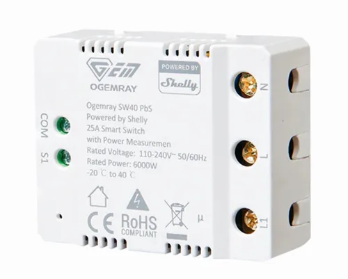 Shelly Ogemray Smart Relay 25 A 6000 W - Detailfarbe: Weiss - Produkttyp: Zentralen und Gateways - Protokoll: Bluetooth - WLAN - Systemkommunikation: Wireless - System-Kompatibilität: Google Assistant - Apple HomeKit - Amazon Alexa