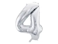 Partydeco Folienballon Zahl 4 gross 86 cm, silber, 1 Stück - Packungsgrösse: 1 Stück - Grösse: 86 cm - Motiv: Zahlen - Produkttyp: Folienballon - Material: Folie - Detailfarbe: Silber