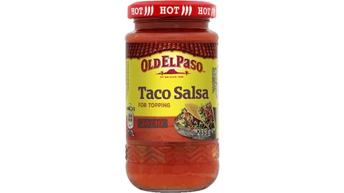 Old El Paso Hot Taco Salsa 235 g - Produkttyp: Salsa & Dips - Nährwertangabe pro: 100 g - Energiegehalt (in kj): 174 KJ - Energiegehalt (in kcal): 41 Kcal - Fett: 0.2 g - Gesättigte Fettsäuren: 0 g