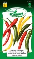 Samen Mauser Samen Peperoni de Cayenne Mix - Aussaatzeit: April - März - Sonneneinstrahlung: Sonnig - halbschattig - Saattyp: Saatgut - Gemüsegruppen: Fruchtgemüse - Erntezeit: August - Juli - Oktober - September - Bio Zertifizierung: Ohne Bio-Zertifizier