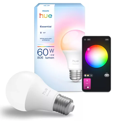 Philips Hue Essential, E27, 8 W, White & Colour - Energieeffizienzklasse: F - Lampensockel: E27 - Protokoll: Bluetooth - Matter - ZigBee - Smart Home: Kompatibel - Farbtemperatur Kelvin: 6500 K - Gesamtleistung: 8 W