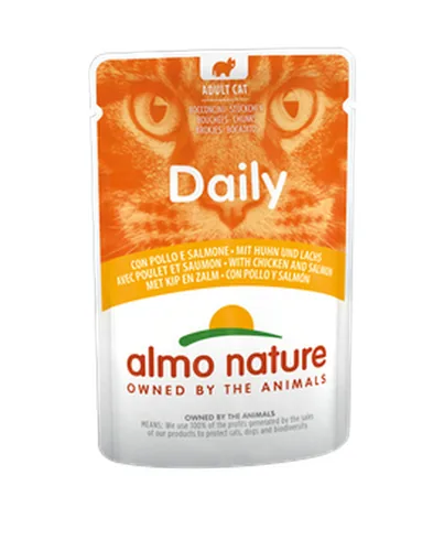 Almo Nature Nassfutter Daily Cat mit Huhn und Lachs 70 g - Tierbedürfnis: Kein besonderes Bedürfnis - Geschmacksrichtung: Fisch - Geflügel - Zertifikate: Keine Zertifizierung - Fleischsorte: Huhn - Lachs - Packungsgrösse: 70 g - Futtereigenschaft: Ohne kü