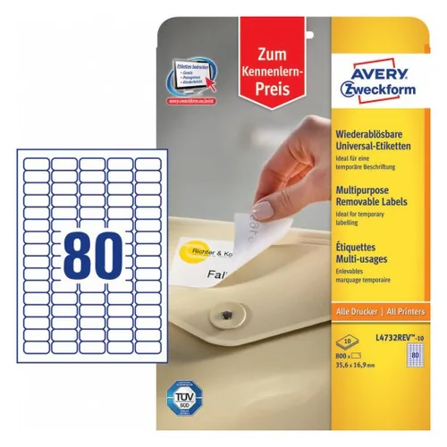 Avery Zweckform Universal-Etiketten L4732REV 35.6 x 16.9 mm, 10 Blatt - Klebehaftung: Ablösbar - Drucker Kompatibilität: Inkjet - Laser - Anzahl Blatt: 10 × - Papierformat: A4 - Anzahl Etiketten: 800 - Etikettengrösse: 35.6 x 16.9 mm