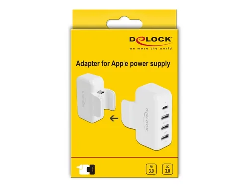 Delock USB-Wandladegerät Apple Adapter 4x USB, PD & QC 3.0 - Ladeport Output: 1x USB Power Delivery 3.0 (variable Spannung) - 1x QuickCharge 3.0 (variabler Ladestrom/Spannung) - Detailfarbe: Weiss - USB Ladeanschluss: 4