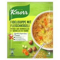 Knorr Fidelisuppe mit Fleischkügeli 4 Portionen - Produkttyp: Beutelsuppen - Nährwertangabe pro: 100 g - Energiegehalt (in kj): 111 KJ - Energiegehalt (in kcal): 26 Kcal - Fett: 0.5 g - Gesättigte Fettsäuren: 0.3 g